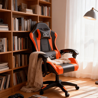 Gaming Chair shown in the No Footrest, Black and Orange option
