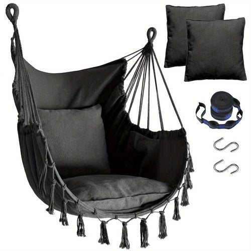 Hammock Chair, Hanging with 2 Cushions Handcrafted Macrame Swing Chair Webbing Straps shown in the main product view