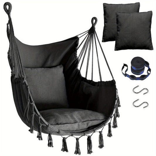 Hammock Chair, Hanging with 2 Cushions Handcrafted Macrame Swing Chair Webbing Straps shown in the main product view