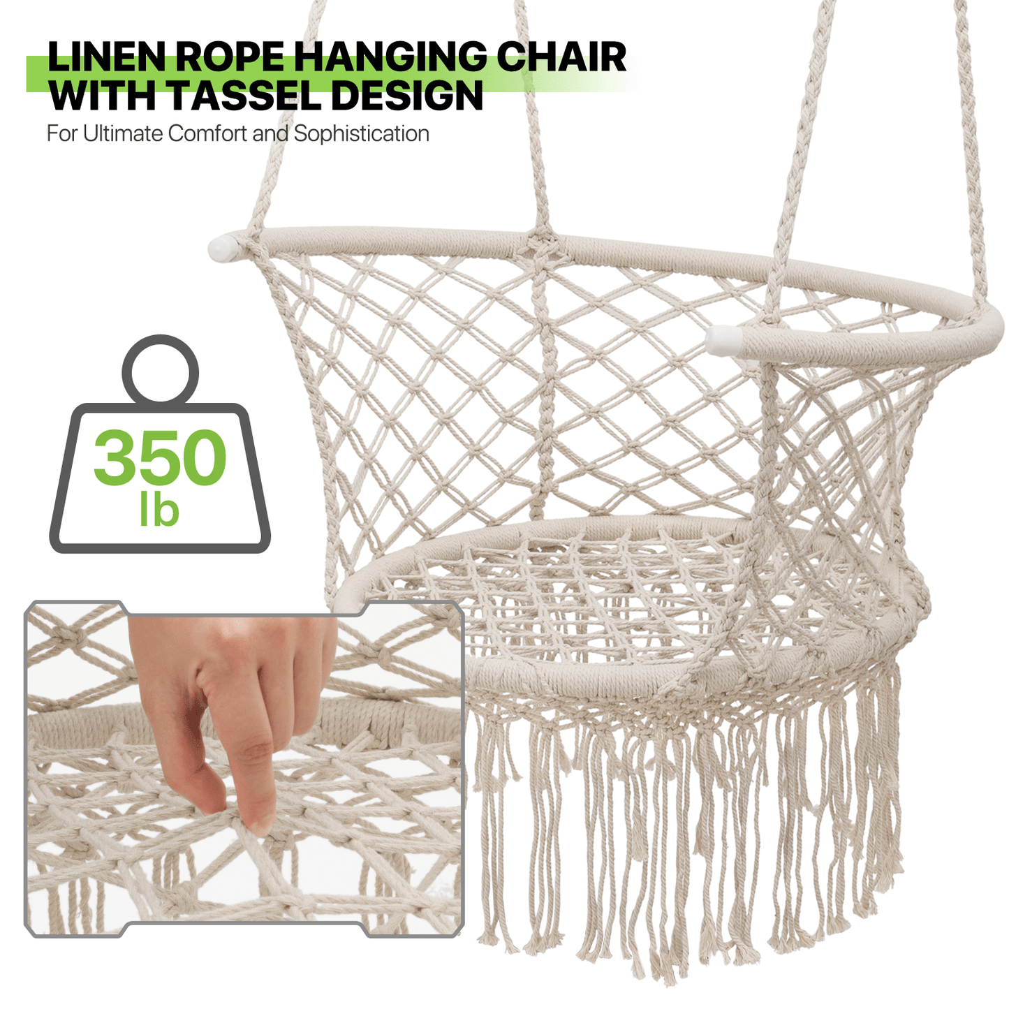 Hanging Swing Chair with Macrame Weave and Armrests for Bedroom detail image - detail view 4