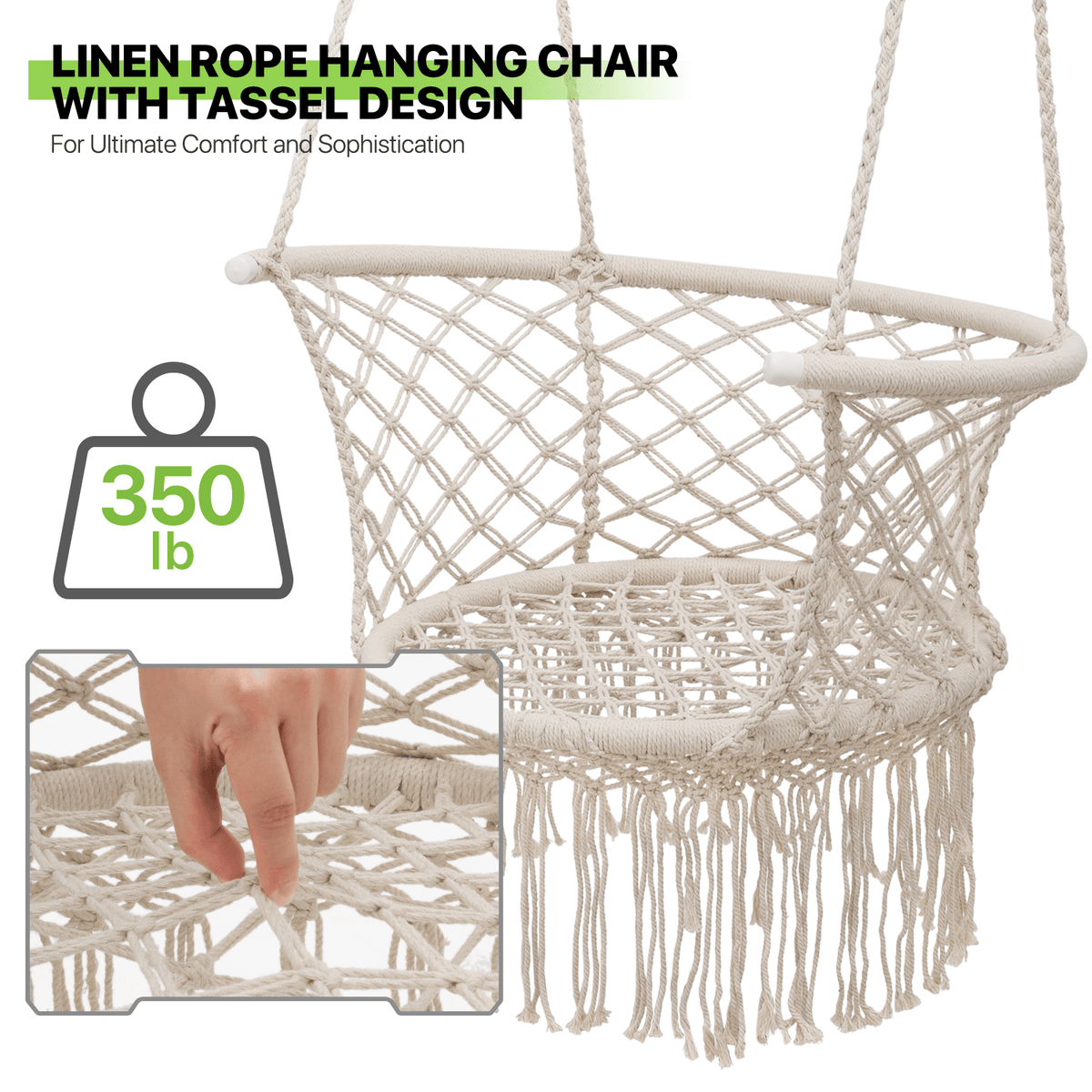 Hanging Swing Chair with Macrame Weave and Armrests for Bedroom detail image - detail view 4