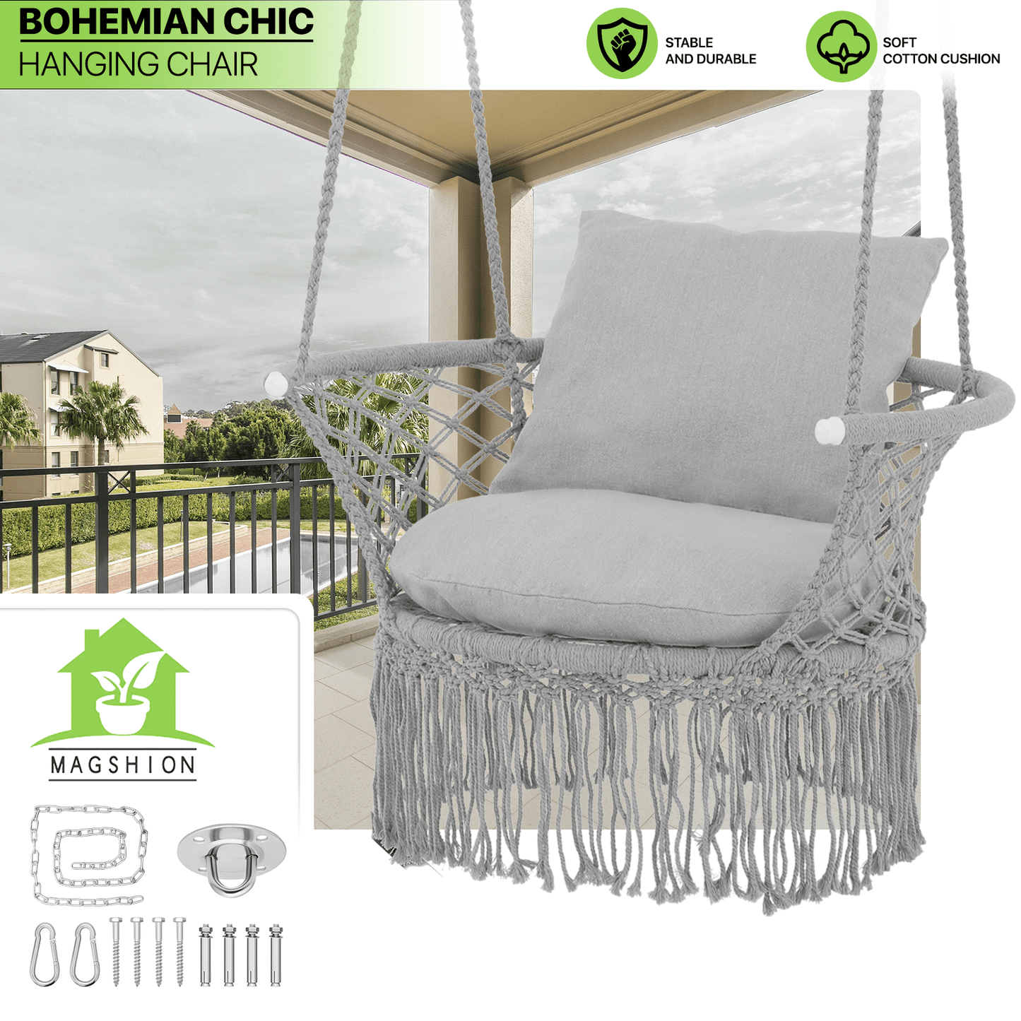 Hanging Swing Chair shown in the Grey option