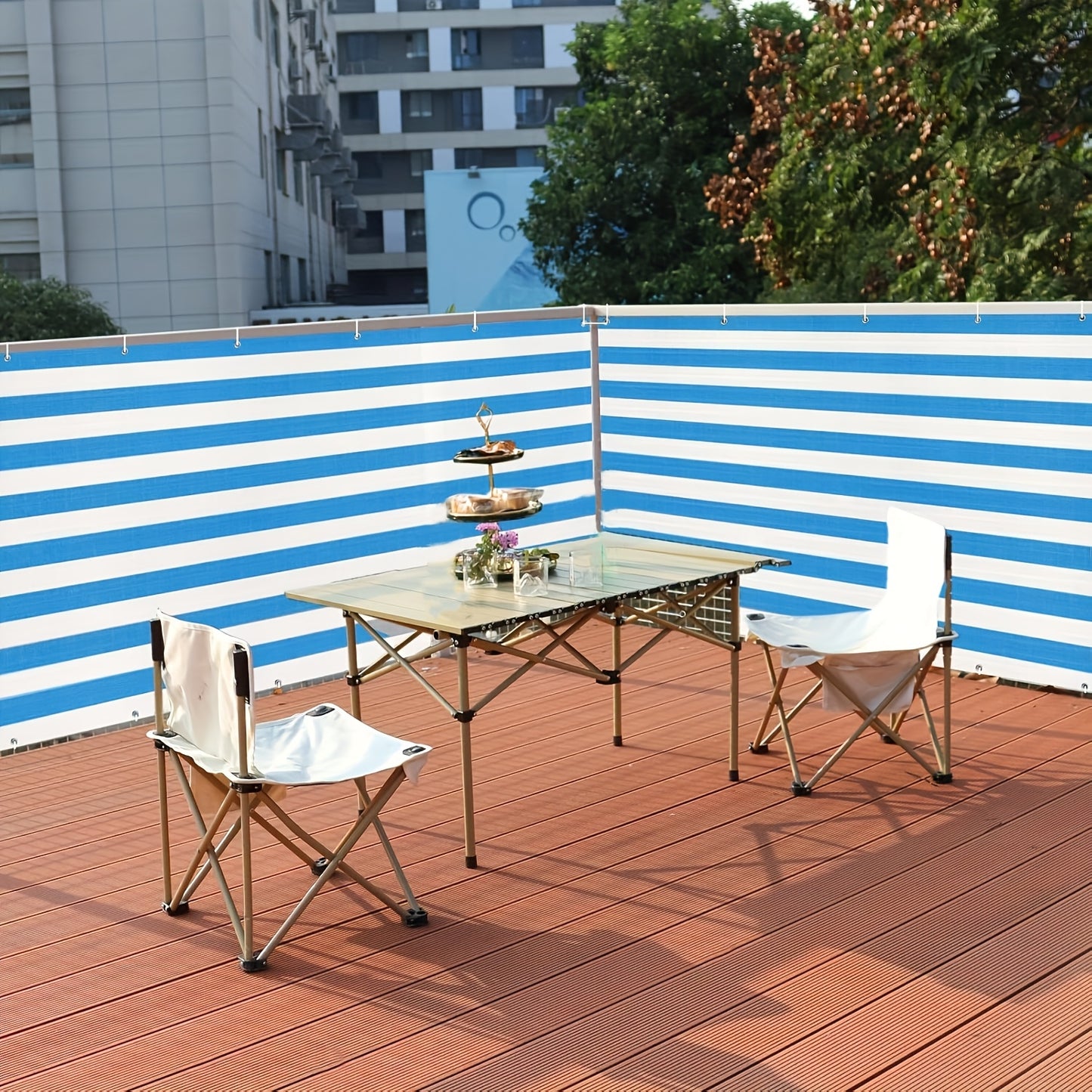 Privacy Screen Fence shown in the Blue and white line option