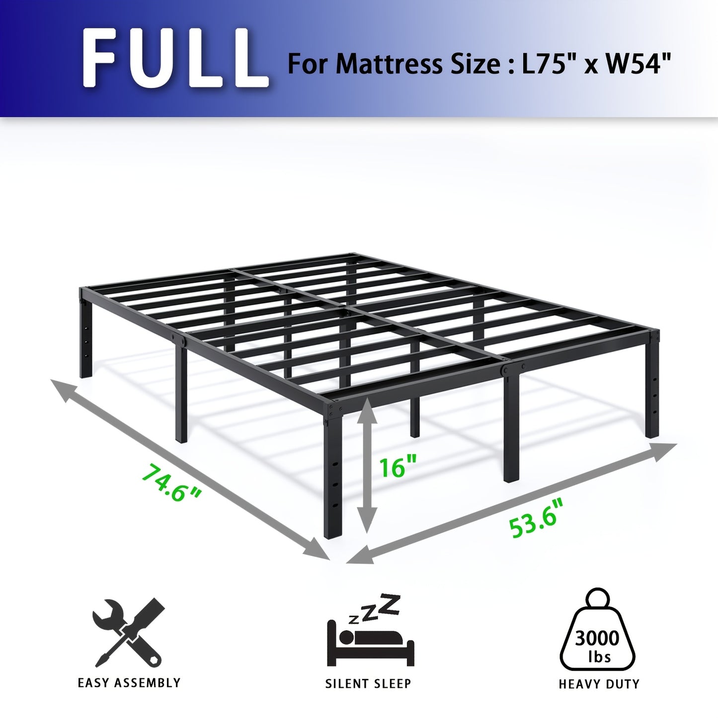 Bed Frame shown in the FULL, 16inch option