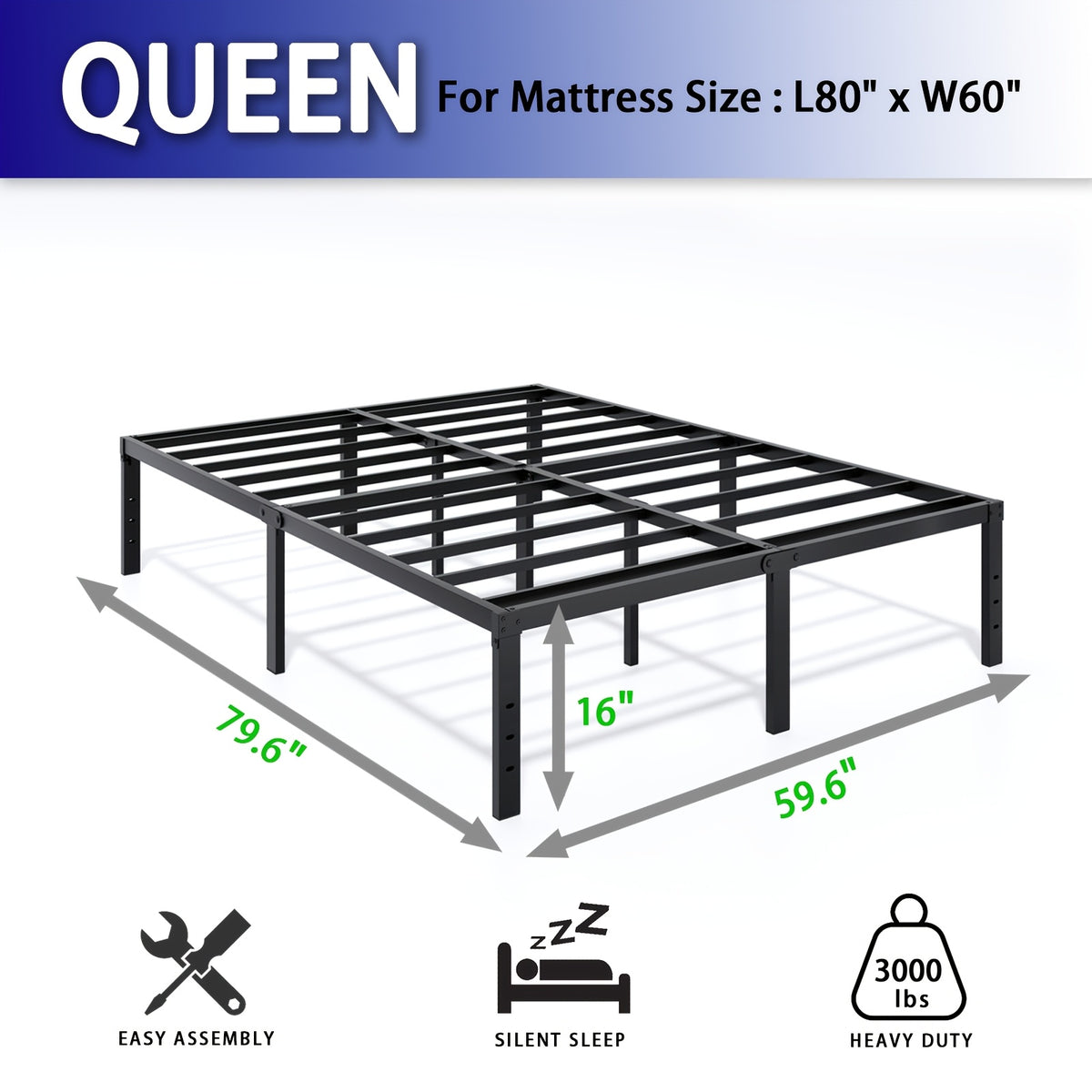 Bed Frame shown in the QUEEN, 16inch option