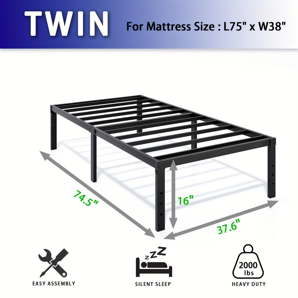 Bed Frame shown in the TWIN, 16inch option