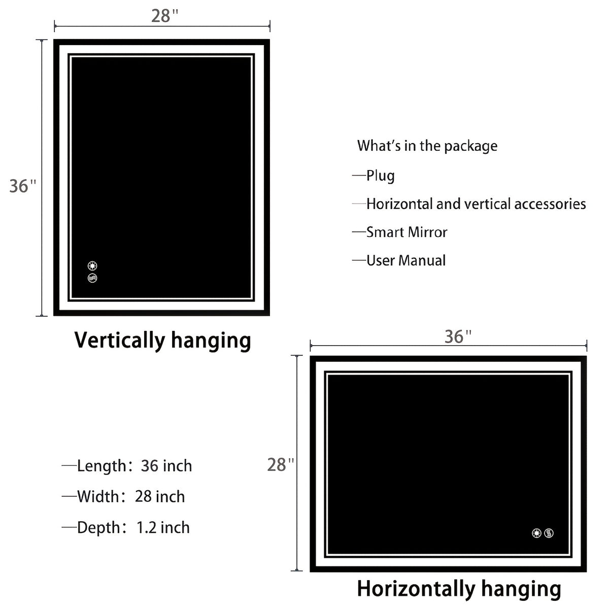 LED Bathroom Mirror shown in the 28X36''Horizontal/Vertical option