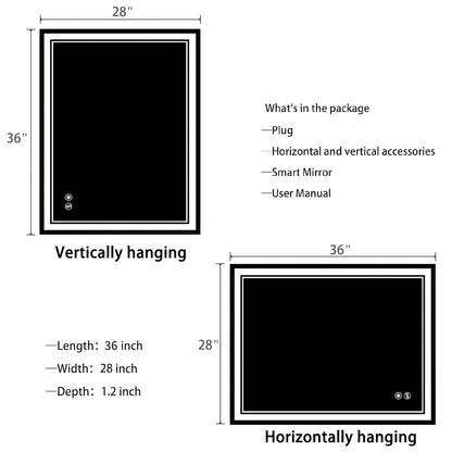 LED Bathroom Mirror shown in the 28X36''Horizontal/Vertical option