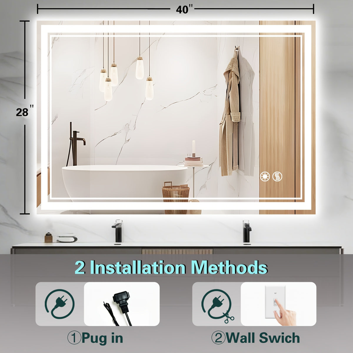 LED Bathroom Mirror shown in the 40X28''Horizontal/Vertical option