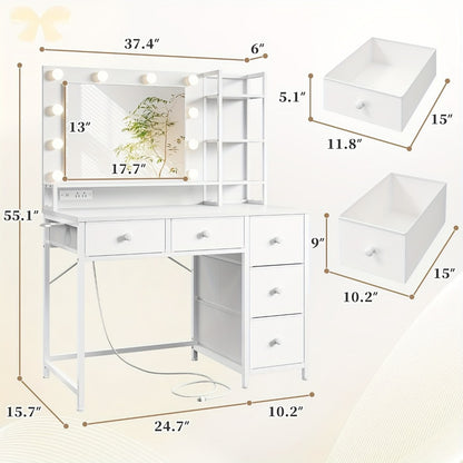 Makeup Vanity Desk with Lighted Mirror, Vanity Table with Storage for Bedroom detail image - detail view 7