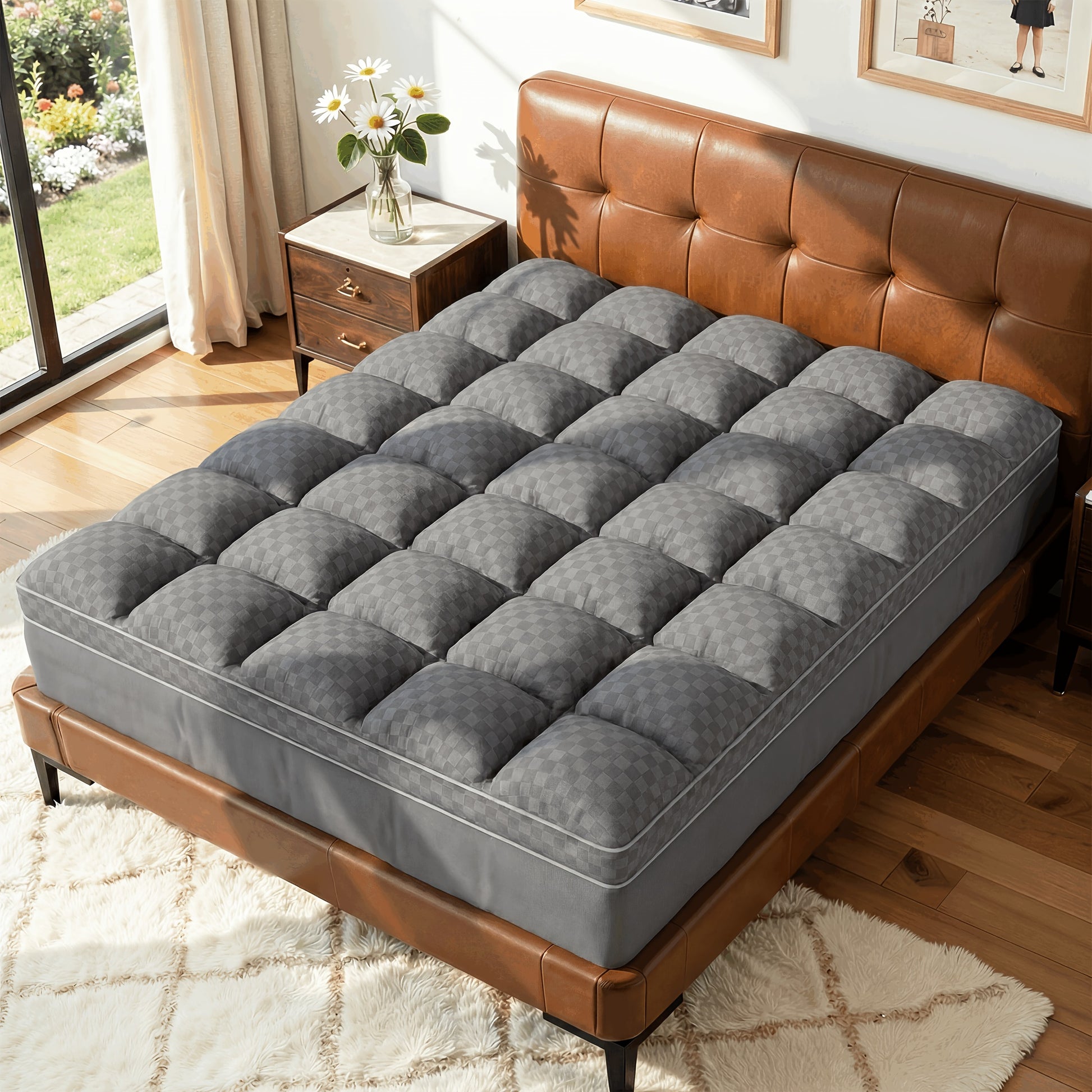 Mattress Topper shown in the Twin(39"*75"), Grid-grey skirt cover option