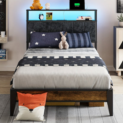 Bed Frame, Metal with LED Lights, Headboard with Storage Shelves and Type-C USB Charging shown in the main product view
