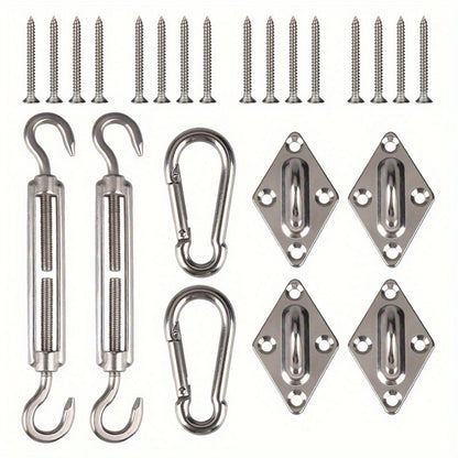 Shade Sail Hardware, Kit 24PC Stainless Steel Turnbuckles Snap Hooks Pad Eyes Screws shown in the main product view