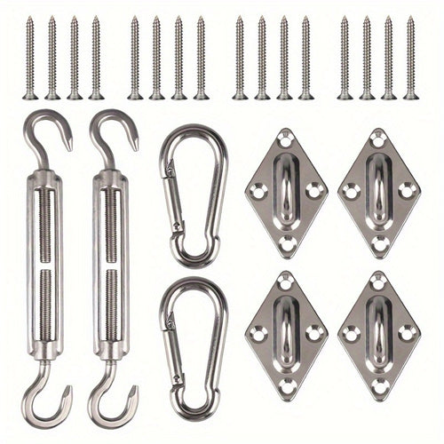 Shade Sail Hardware, Kit 24PC Stainless Steel Turnbuckles Snap Hooks Pad Eyes Screws shown in the main product view