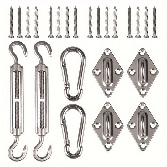 Shade Sail Hardware, Kit 24PC Stainless Steel Turnbuckles Snap Hooks Pad Eyes Screws shown in the main product view