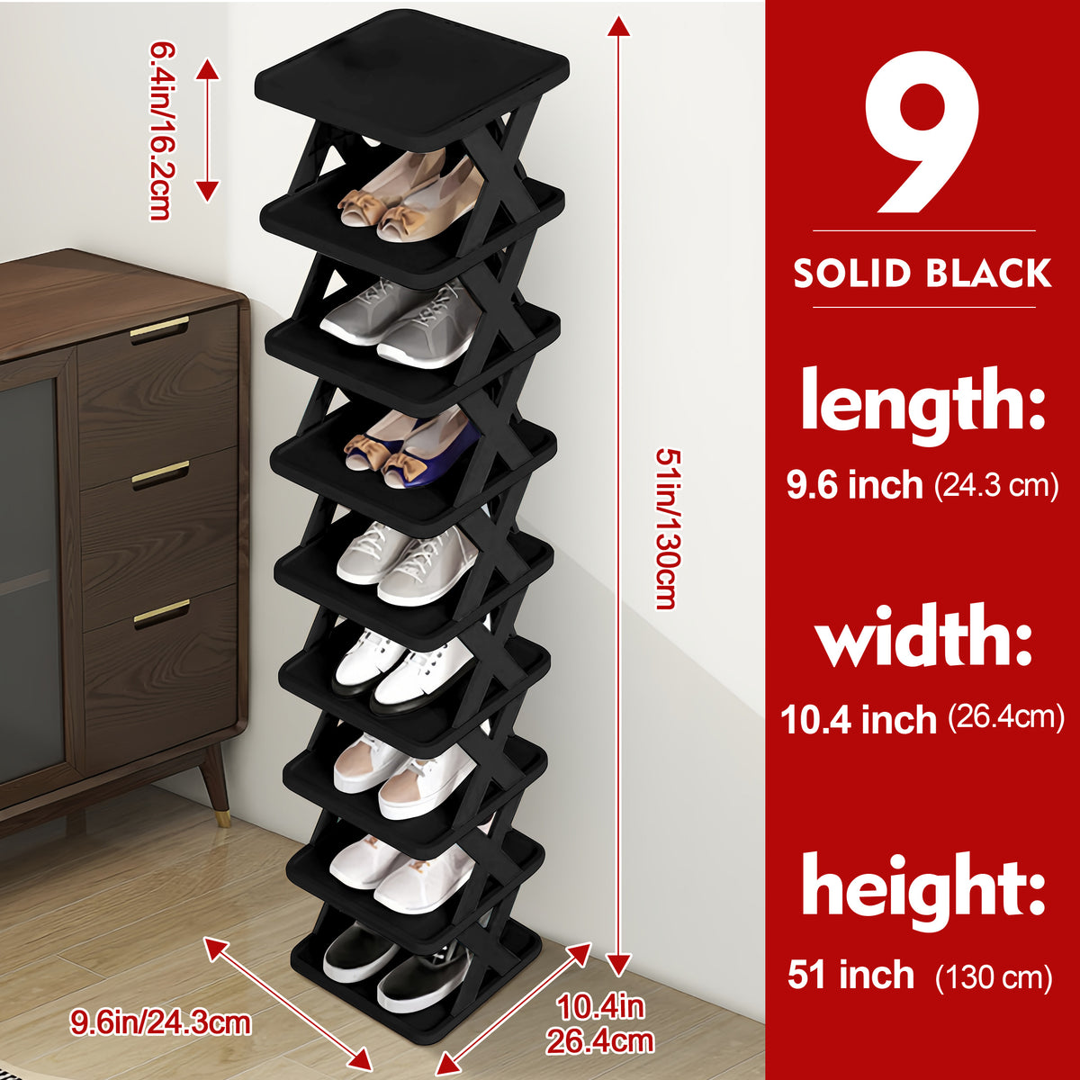 Shoe Rack shown in the 9 Tier - Solid Black option