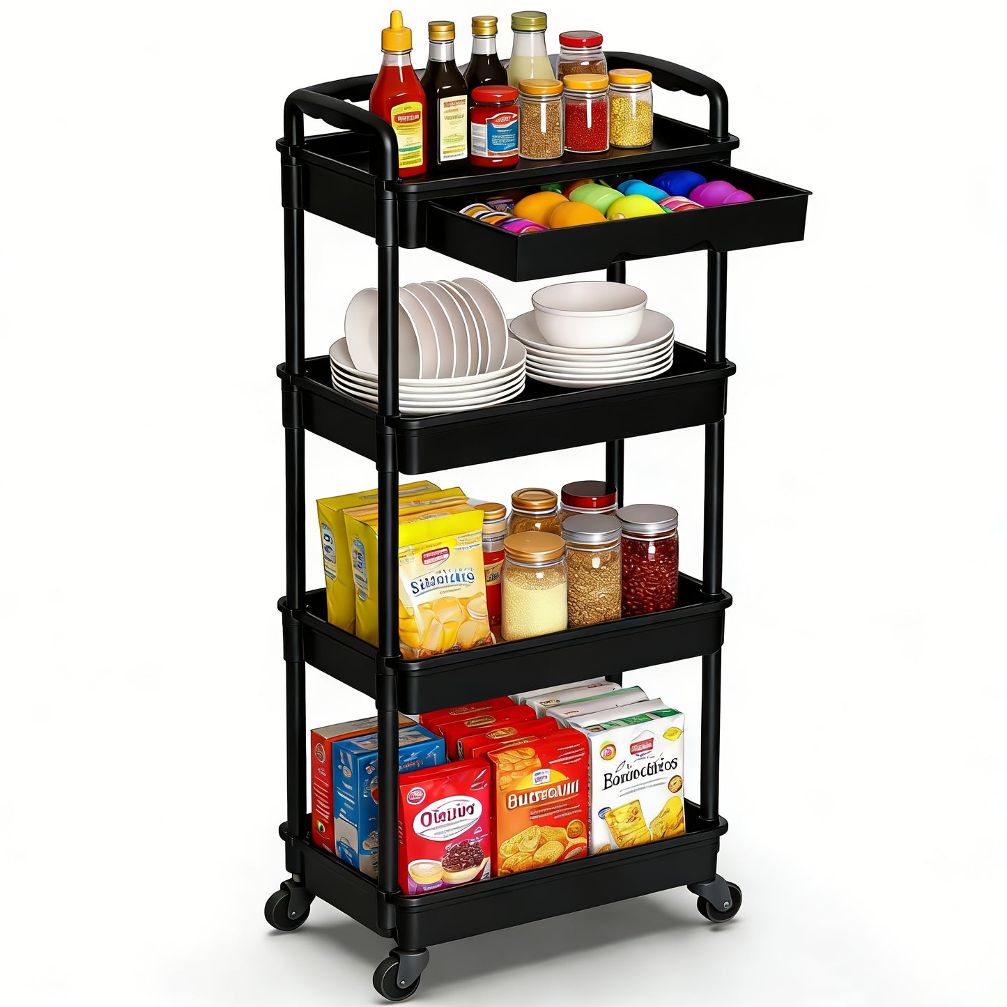 Rolling Storage Cart shown in the Black, 4-tier-(with drawer) option