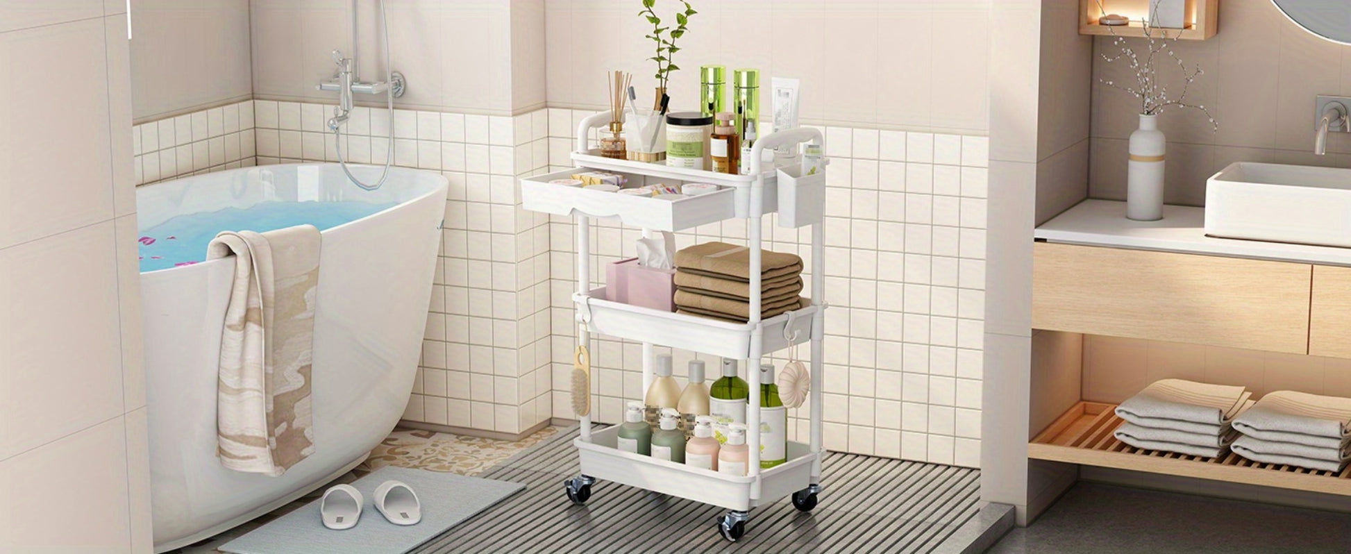 Multi-Tier Plastic Rolling Storage Cart with Storage Drawers for Living Room detail image - detail view 31