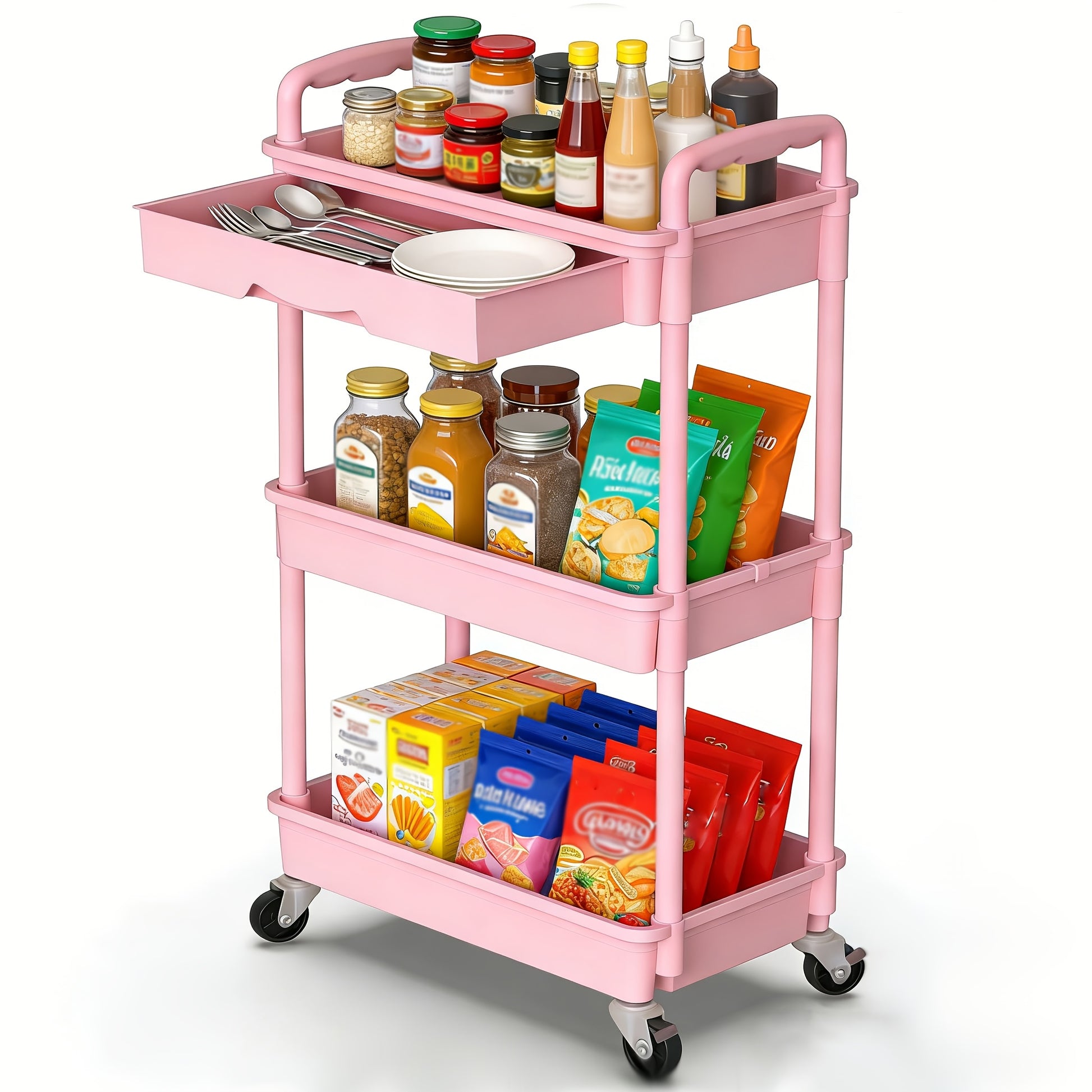 Rolling Storage Cart shown in the pink, 3-Tier-(With Drawer) option
