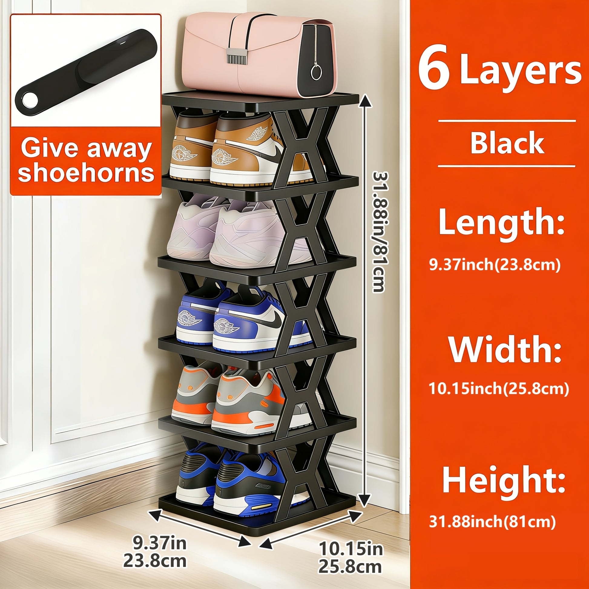 Shoe Organizer shown in the Black 6 layers option