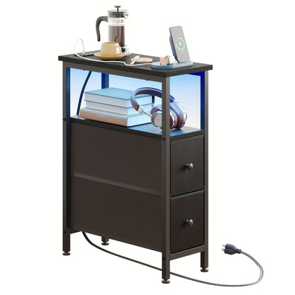 End Table, Slim with Charging Station and Fabric Drawers - Narrow Nightstand Side Table shown in the main product view