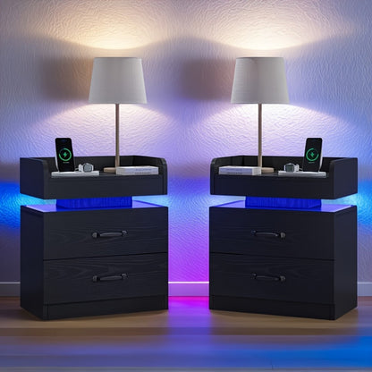 Nightstand with LED Lights & Charging Station - 2 Drawers Bedside Table, Modern End Table shown in the main product view