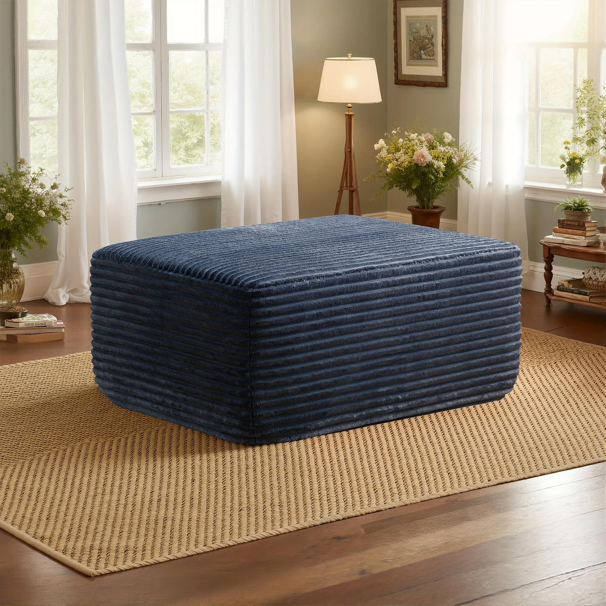 Ottoman shown in the Blue option