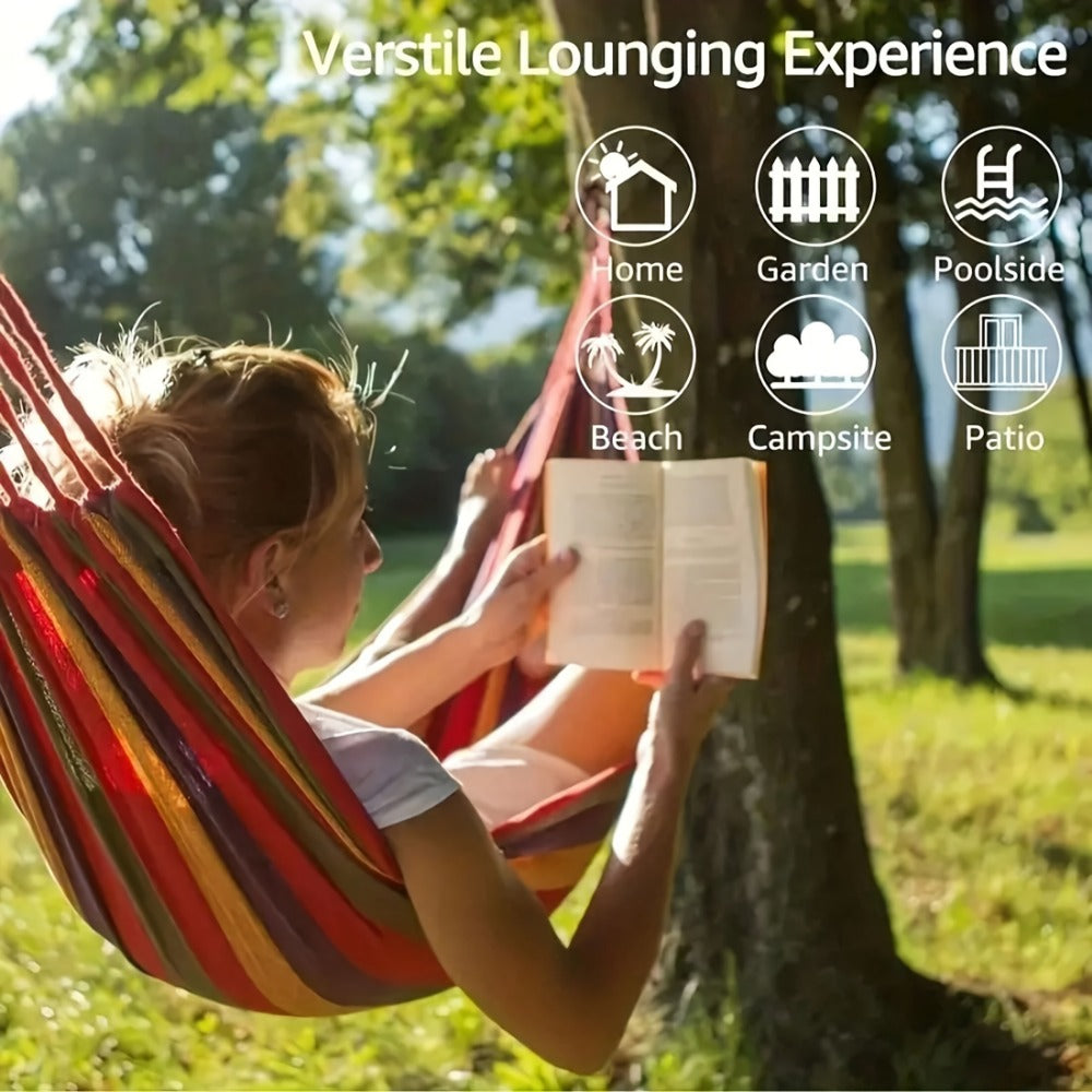 Outdoor Hammock, Striped Outdoor Camping Hammock with Anti-Roll Design, Tree-Friendly shown in the main product view