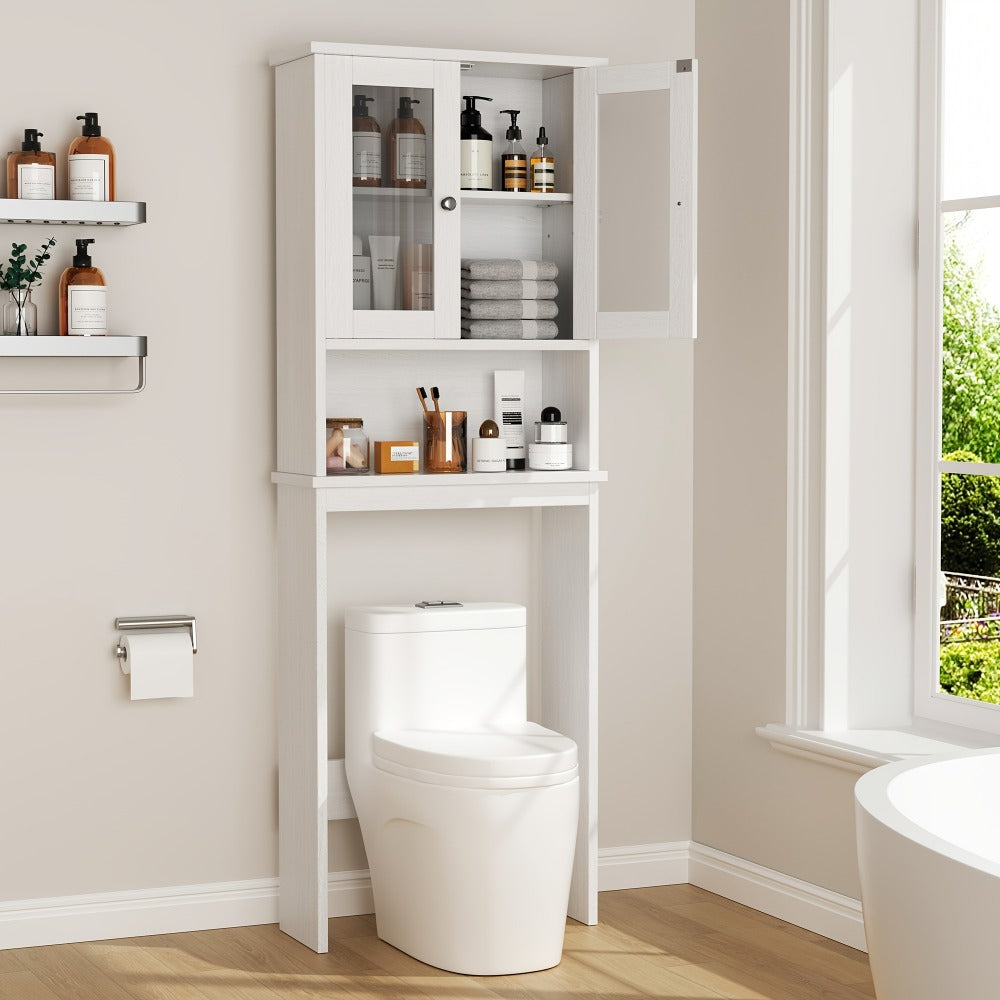 Bathroom Storage Cabinet, Over the Toilet Storage Cabinet with Double Glass Doors & shown in the main product view