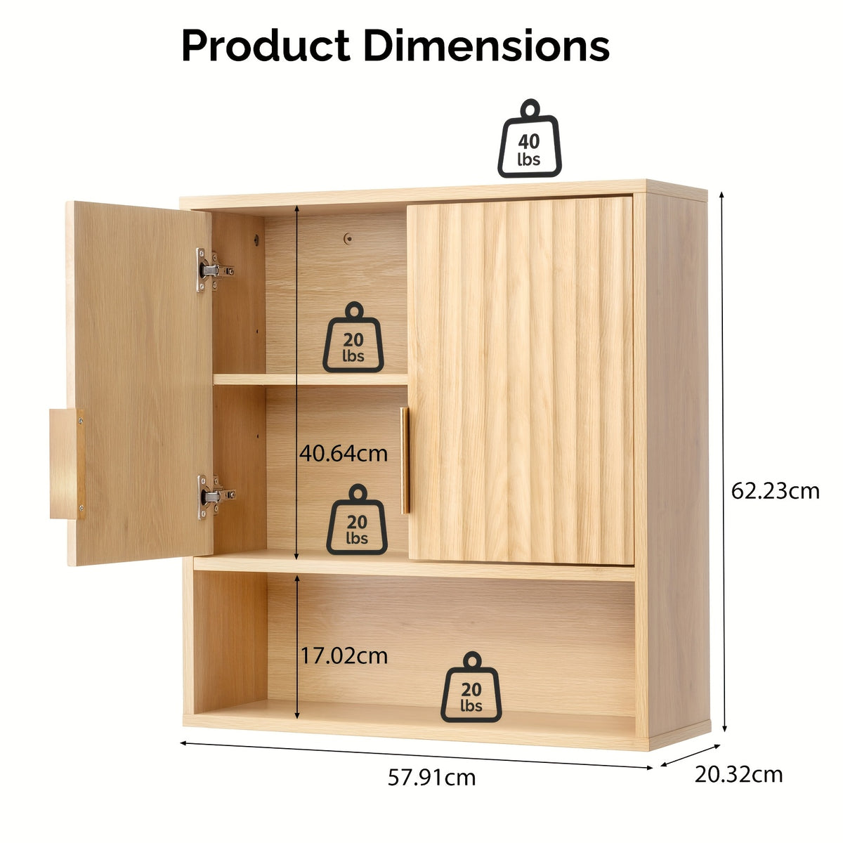 Over The Toilet Cabinet shown in the Oak, 8.5"D x 21"W x 25.2"H option