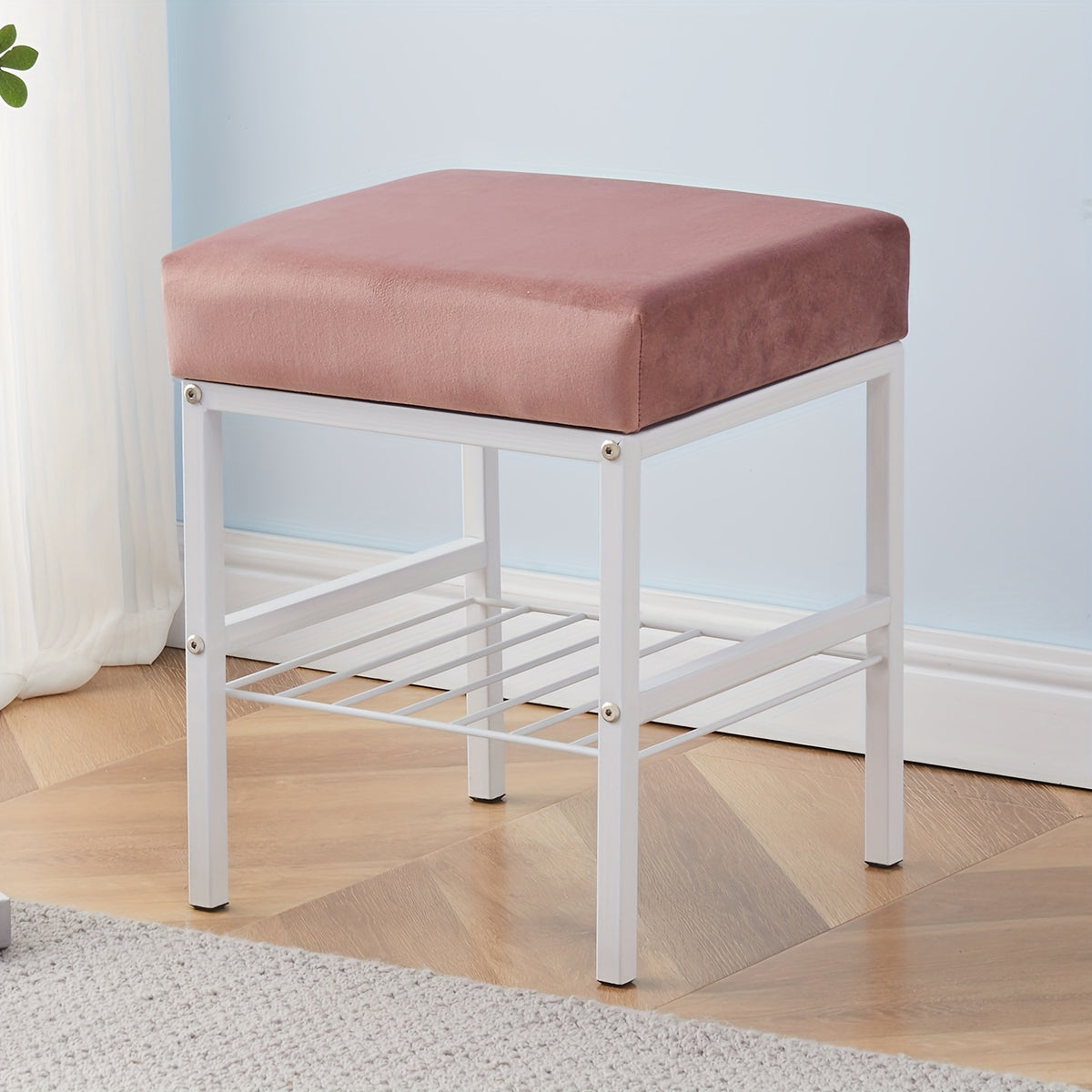 Vanity Stool shown in the Dusty Pink option