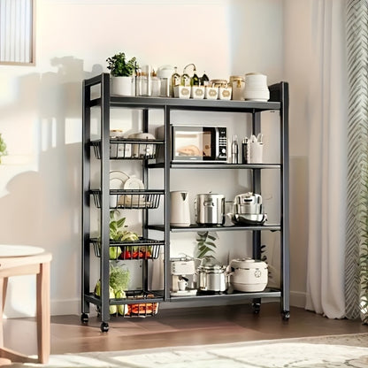 Baker's Rack, Rolling with Mesh Baskets & Adjustable Shelves - Metal Frame Kitchen Storage shown in the main product view