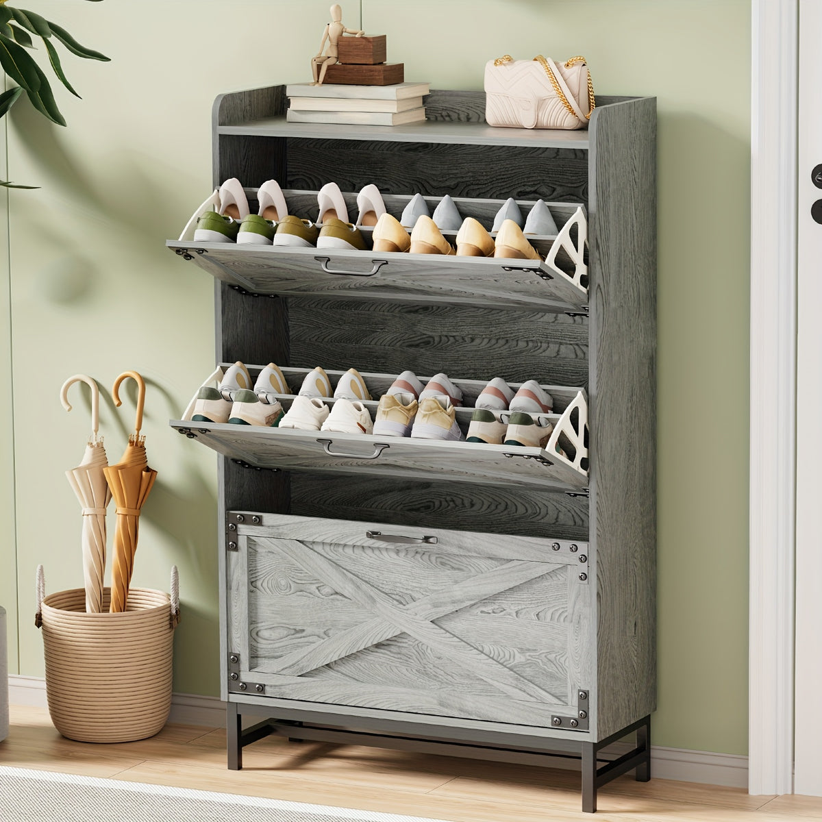 Shoe Cabinet shown in the Gray 3-Door, 1 option