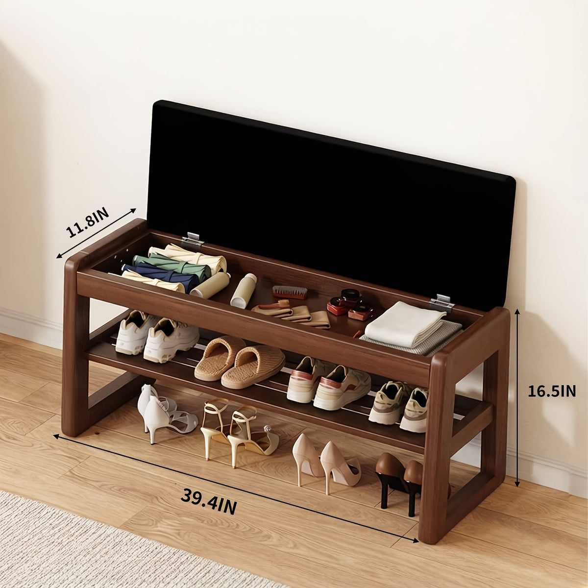 Entryway Shoe Cabinets and Benches shown in the 100 styles with storage in walnut color + black mat option