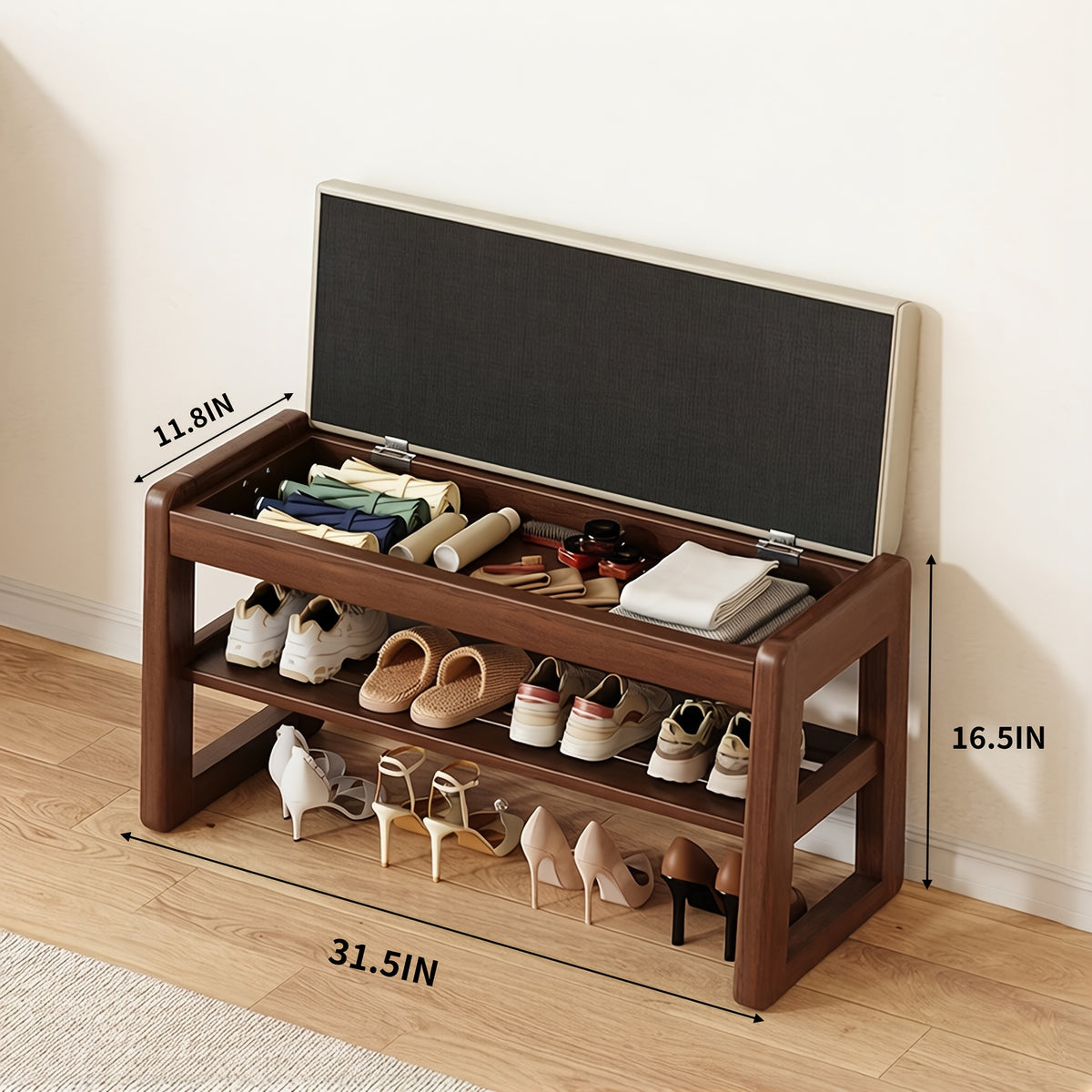 Entryway Shoe Cabinets and Benches shown in the With Storage Walnut Color + 80 Ash Pads option