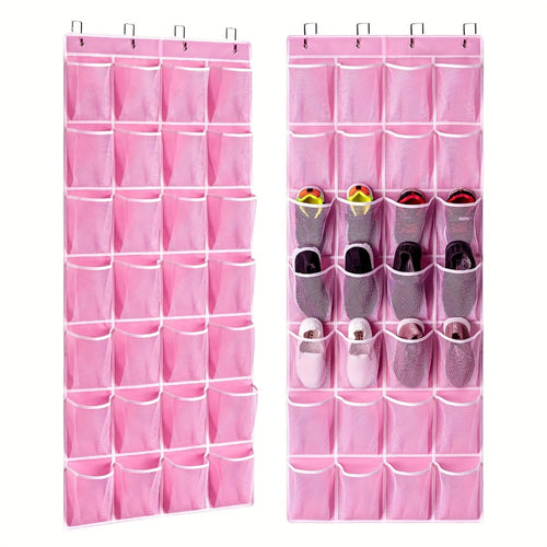Shoe Organizer, Hanging Over Door 28 Pockets 4 Hooks Pink Fabric Space Saving Storage Bag shown in the main product view