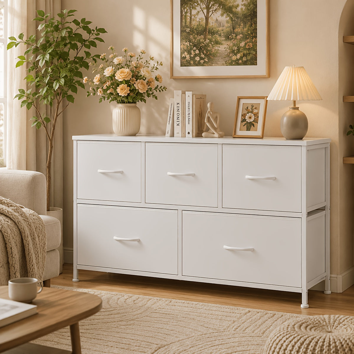 Storage Tower shown in the White, 5 Draws option