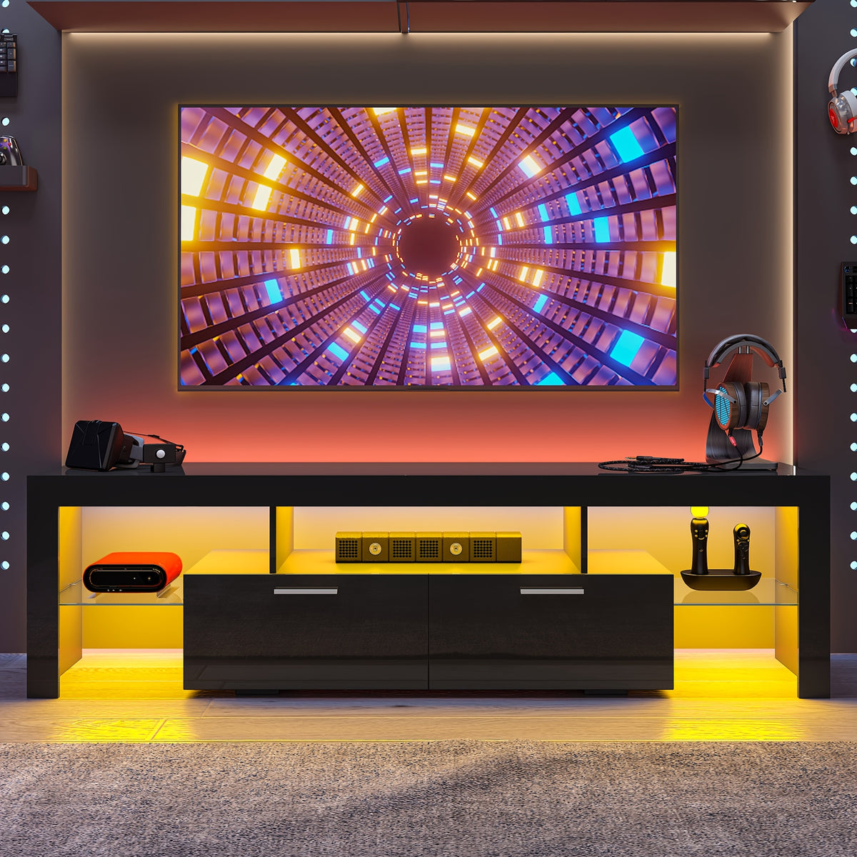 TV Stands and Entertainment Centers shown in the Black, L71 Inches, for TVs below 80" option