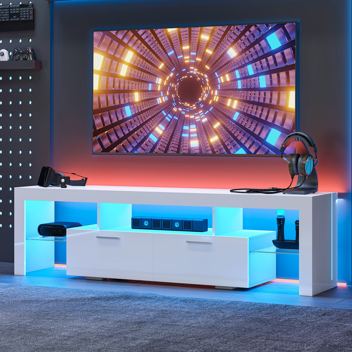 TV Stands and Entertainment Centers shown in the White, L71 Inches, for TVs below 80" option