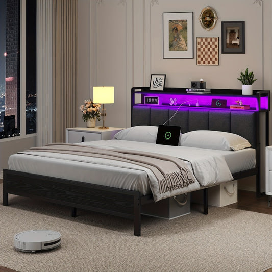 Bed Frame with Storage Headboard LED Lights and Charging Station Twin Full Queen King shown in the main product view