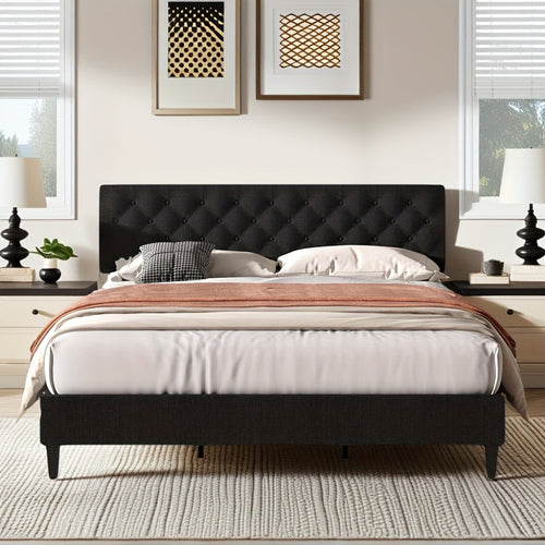 Bed Frames, Linen Upholstered Bed Frame with Button-Tufted Headboard - Wood Slats, Easy shown in the main product view