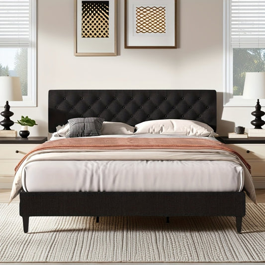Bed Frames, Linen Upholstered Bed Frame with Button-Tufted Headboard - Wood Slats, Easy shown in the main product view