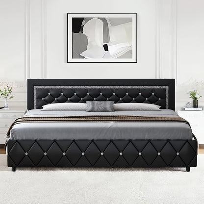 Upholstered Faux Leather Bed Frame with Solid Wood Construction, Platform Bed Base