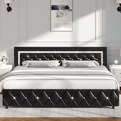 Upholstered Faux Leather Bed Frame with Solid Wood Construction, Platform Bed Base