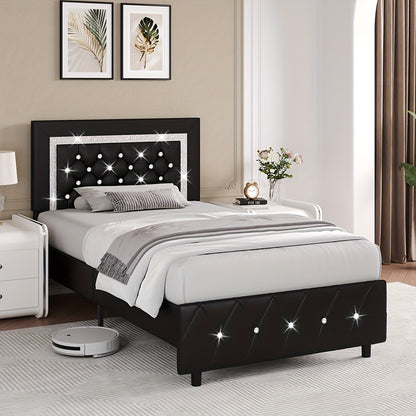 Upholstered Faux Leather Bed Frame with Solid Wood Construction, Platform Bed Base