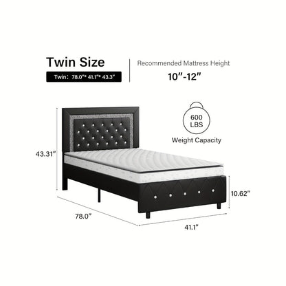 Upholstered Faux Leather Bed Frame with Solid Wood Construction, Platform Bed Base