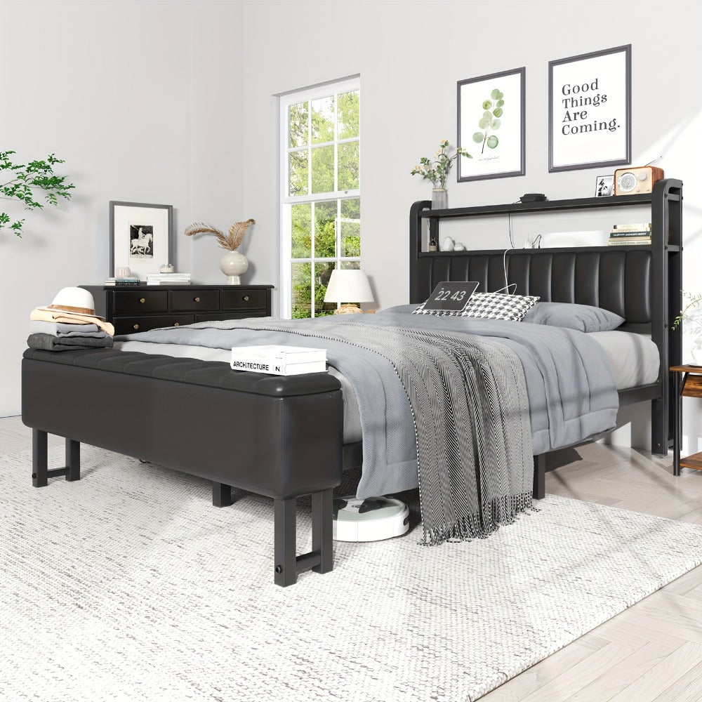 Upholstered Metal Bed Frame with LED Lighting and Hidden Storage for Bedroom detail image - detail view 3