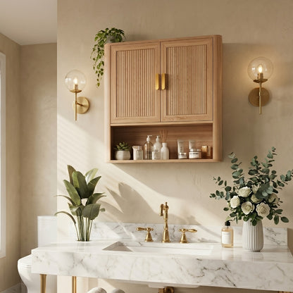 Bathroom Wall Cabinet, Fluted 2-Door Medicine Cabinet with Golden Handles, Wall Mounted shown in the main product view