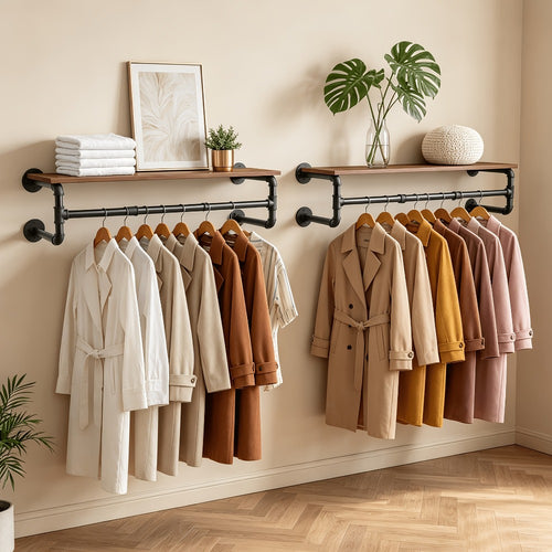 Clothes Rack, Wall Mounted Industrial Pipe with Top Wood Shelf and 3 Hooks 66 Lb Capacity shown in the main product view