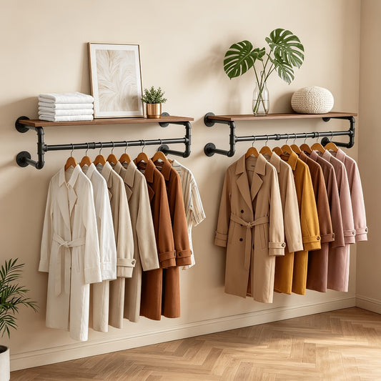 Clothes Rack, Wall Mounted Industrial Pipe with Top Wood Shelf and 3 Hooks 66 Lb Capacity shown in the main product view